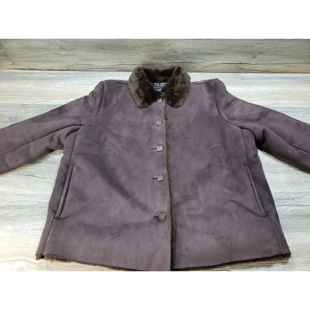 FU DA New York Faux Suede Faux Fur Brown Jacket Coat Women's Size Large